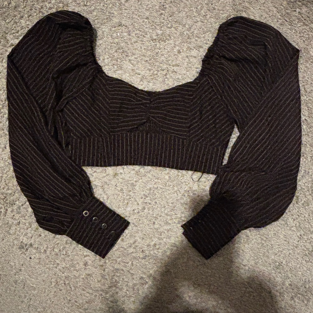 Brown Striped Long Sleeve Crop Top